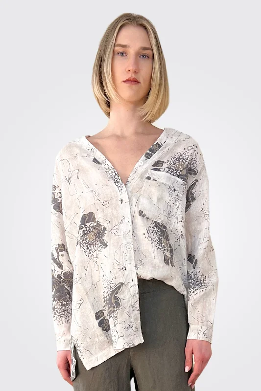 V Neck Printed Linen Shirt - White